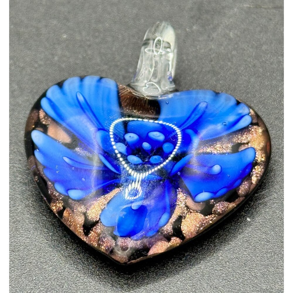 Lampworking Art Glass Heart Blue Flower Copper Glitter Foil Handcrafted Pendant